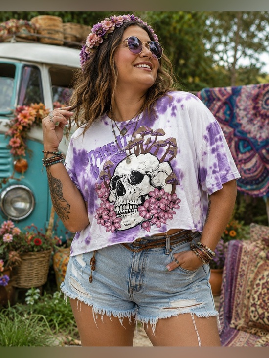 No Boundaries Tops - Take It Easy Skull and Mushrooms Graphic Tie Dye TShirt EUC